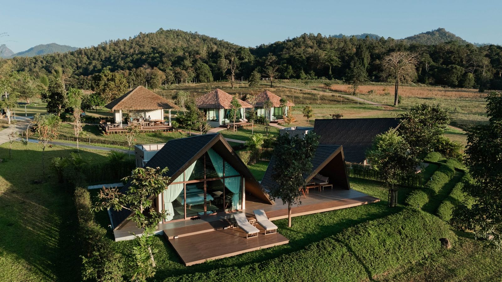 Aerial view of the villas, pavilions and fields at Kongfang